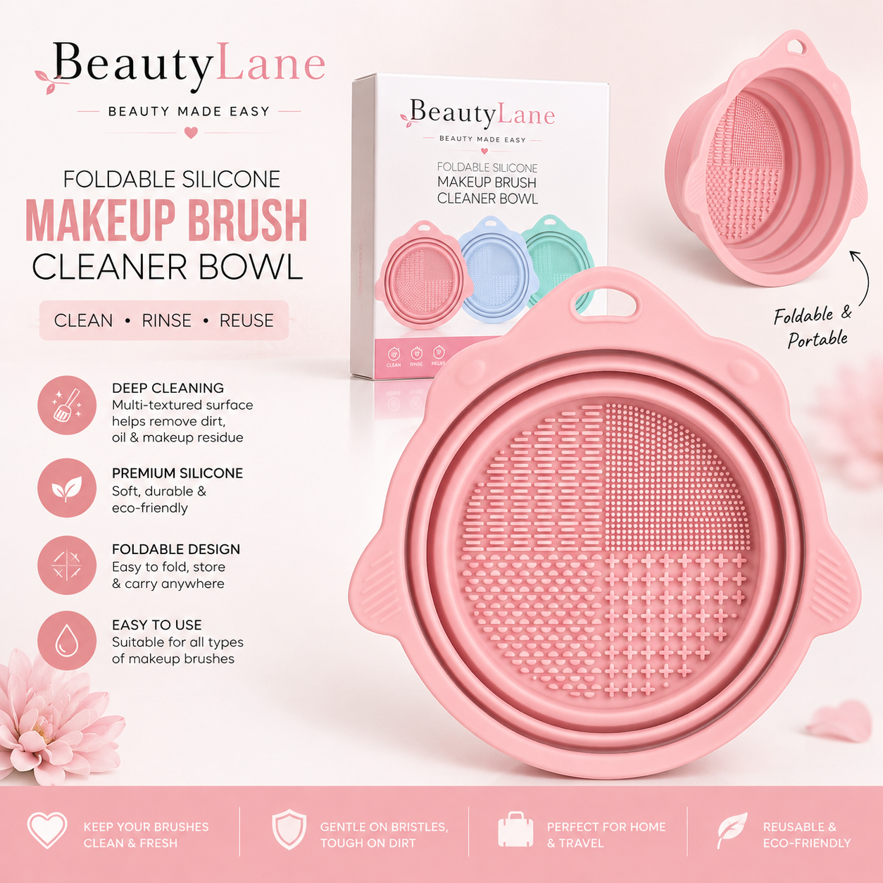 BeautyLane Foldable Silicone Makeup Brush Cleaner Bowl – Portable Brush Cleaning Mat & Washing Bowl for Cosmetic Brushes, Reusable Beauty Tool